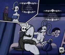 <3 1boy 1girls 2021 anthro big_breasts big_penis black_body black_skin breasts broken_condom comic condom condom_on_penis dialogue empty_eyes female grey_body grey_skin hands_on_thighs hearts hi_res hollow_knight hyper_penis imminent_sex iselda_(hollow_knight) male male/female missionary_position mosquito nude nude_female penis piekiller5 protagonist_(hollow_knight) spread_legs spreading straight table table_sex thick_thighs thighs undressing