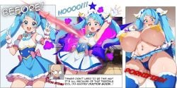 ai_generated blue_eyes blue_hair cameltoe comic comic_page cure_sky double_peace_sign earrings english_text hair_ornament huge_breasts laser navel_piercing part_of_a_set peace_sign precure shocked_expression skindentation star_pasties wide_hips