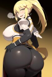 1girls ai_generated ass ass_focus blonde_hair daidouji_(artist) daidoujipv long_hair looking_at_viewer looking_back ponytail solo yellow_eyes