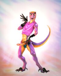 2016 4:5 abs absurd_res anthro athletic claws clothed clothing erection gloves green_eyes handwear hi_res humanoid_penis klongi lizard looking_at_viewer male male_only penis pose reptile retracted_foreskin scales scalie shirt simple_background solo standing tank_top toe_claws tongue tongue_out topwear uncut yellow_eyes