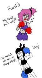 2girls black_clothing black_hair blood_in_mouth blue_boxing_gloves boxing boxing_gloves boxing_match cartoon_network creepy_susie dc dc_comics dialogue female female_focus female_only flexing grey_skin human humanoid jinx_(dc) muscle_girl pink_eyes pink_hair purple_clothing red_boxing_gloves syn2nite syndication teen_titans the_oblongs warner_brothers white_skin