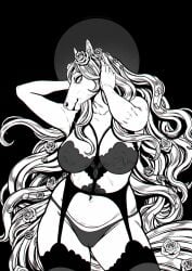 accessory anthro belly breasts clothing curvy_figure equid equine female flower flower_in_hair genitals hair hair_accessory hi_res horse legwear line_art lingerie long_hair mammal navel pinup plant pose pussy road~abelgeym solo stockings