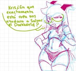 1boy anthro black_panties bulge chamiku crop_top crossdressing deltarune femboy glasses goat horn horns panties ralsei ralsei_with_white_fur shirt spanish spanish_dialogue spanish_text speech_bubble text thighhighs thighs topwear undertale_(series) white_thighhighs whiteboardfox