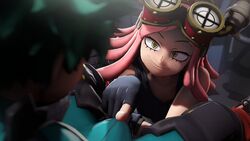 1boy 1girls 3d bulge bulge_through_clothing deku erect_penis erection erection_under_clothes female finger_on_penis fingerless_gloves goggles greatm8 green_clothing green_hair hatsume_mei hero_outfit_(mha) imminent_oral izuku_midoriya izuku_midoriya_(hero_outfit) light_skin male mei_hatsume midoriya_izuku my_hero_academia pink_hair smile smirk touching_penis yellow_eyes