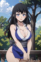 ai_generated aindroidparanoid big_breasts black_hair blue_eyes blue_hair blush breasts cleavage cum cum_on_breasts curvy_figure demon_slayer hourglass_figure huge_breasts japanese_clothes kimetsu_no_yaiba large_breasts short_hair shy stable_diffusion suma_(kimetsu_no_yaiba) tight_clothes tight_clothing voluptuous