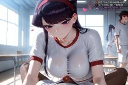 1boy 2boys 2girls ai_generated black_eyes black_hair blush breasts bulge classroom cleavage closed_mouth collarbone dark-skinned_male dark_skin desk erection female gym_shirt gym_shorts gym_uniform hairband headband heart indoors komi-san_wa_komyushou_desu komi_shouko komi_shuuko large_breasts leaning_forward long_hair looking_at_another looking_at_viewer male meitabuu multiple_boys multiple_girls netorare paizuri_under_clothes penis pov precum purple_eyes purple_hair red_headband school school_chair school_desk see-through shirt short_sleeves shorts smile straight sweat taut_clothes taut_shirt white_shirt white_shorts window