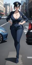 1girls ai_generated black_hair busty cars cleavage female gray_eyes hands_on_hips hi_res highres milf outdoors pixai police_uniform short_hair solo standing street