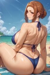 1girls ai_generated ass ass_focus beach bikini blue_bikini breasts cleavage from_behind highres huge_breasts kaii_to_otome_to_kamikakushi kiraaiart large_breasts looking_at_viewer looking_back mature mature_female milf orange_hair red_hair sitting sumireko_ogawa sweatdrop sweating swimsuit thick_thighs