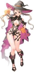 1girls :p absurdres adjusting_clothes adjusting_headwear ahoge alternate_costume ass_visible_through_thighs bare_legs black_cape black_footwear blue_eyes boots braid breasts cape cleavage clothing_cutout commission cosplay female female_only fire_emblem fire_emblem_fates full_body grey_hair halloween halloween_costume haru_(nakajou-28) hat highres leotard licking_lips lone_nape_hair long_hair looking_at_viewer low_twin_braids medium_breasts navel nina_(fire_emblem) nintendo non-web_source orange_tassel orange_wrist_cuffs parted_bangs purple_cape shermie_(kof) shermie_(kof)_(cosplay) shoulder_cutout skeb_commission snk_heroines:_tag_team_frenzy solo tassel tongue tongue_out twin_braids two-tone_cape unzipped witch_hat
