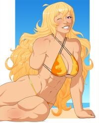 1girls abs beach bikini bikini_bottom bikini_top blonde_female blonde_hair cleavage dylan_macri long_hair long_hair_female one_arm purple_eyes rwby solo_female winking yang_xiao_long