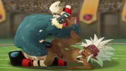 2boys anal animated blue_skin dofus erection feet gay grin harzu kriss_krass leg_lift licking monty outdoors pbulic penis size_difference stadium tagme tattoo video wakfu yaoi