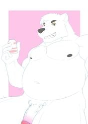 2019 aggressive_retsuko alfaookami anthro belly black_nose clothing fur humanoid_hands humanoid_penis male male_only mammal moobs navel nipples overweight overweight_male penis polar_bear sanrio shirota shirt smooth_fur solo teeth topwear ursid ursine white_fur