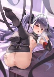 absurdres aroused ass azur_lane black_ribbon blush bound bound_thighs breasts choker clothes_pull cross detached_collar detached_sleeves felix_schultz_(azur_lane) female full_body grabbing_own_ass half-closed_eyes hand_up heart heart-shaped_pupils highres iron_cross knees_together_feet_apart legs legs_up long_hair looking_at_viewer looking_up lying maid_headdress nipples nude on_back pantyhose pantyhose_pull petite presenting purple_hair pussy pussy_juice red_eyes ribbon small_breasts solo spiked_choker spikes symbol-shaped_pupils thighs tongue tongue_out twintails very_long_hair xiuluoniqia