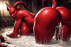 ai_generated bent_over big_ass big_breasts big_butt cum_bath cum_in_pussy demon demon_girl horns looking_at_viewer redskin watermark