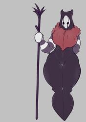 1girls 2019 big_breasts black_body black_skin brumm_(hollow_knight) female female_only fluffy hand_behind_back hollow_knight huge_breasts kalmlyhere legs_together mask masked masked_female partially_clothed pussy rule_63 solo standing striped_clothing thick_thighs thighs