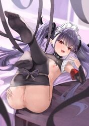 :d absurdres ass azur_lane black_ribbon blush bound bound_thighs breasts choker clothes_pull commentary_request cross detached_collar detached_sleeves fangs felix_schultz_(azur_lane) female full_body grabbing_own_ass half-closed_eyes hand_up highres iron_cross knees_together_feet_apart legs legs_up long_hair looking_at_viewer looking_up lying maid_headdress nipples nude on_back pantyhose pantyhose_pull petite presenting purple_hair pussy red_eyes ribbon small_breasts smile smug solo spiked_choker spikes thighs twintails uncensored very_long_hair xiuluoniqia