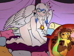 angel anthro bedding blanket blue_eyes blush duo egg egg_transformation english_text feathered_wings feathers female female/female gesture heart_symbol hi_res highlights_(coloring) humanoid humanoid_pointy_ears internal jakkai kieri_suizahn nest pillow rhea_snaketail sandentwins shrug slightly_damned sun_pendant tattoo text unbirthing vaginal_penetration vore white_hair willing_pred willing_prey wings x-ray xray_view