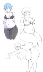 bbw belly_overhang bent_over big_breasts blue_hair blush bra chubby fat fat_ass firemaster_(artist) muffin_top oc overweight sketch thick_thighs weight_gain yoga_pants