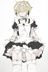 basil_(omori) blonde_hair blush blushing_at_viewer femboy lifting_skirt maid maid_headdress maid_outfit maid_uniform omori panties presenting revealing_panties rowanzzz stockings submissive submissive_male white_panties