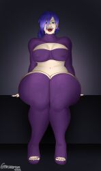 1girls 2022 artist_signature bare_midriff big_breasts bottomwear curvy curvy_figure english_text female_only grape_shifter grey_background huge_thighs looking_at_viewer nipples nipples_visible_through_clothing oc open_mouth open_smile original original_character partially_clothed pear_shaped purple_hair purple_thighhighs short_hair sitting smile text thick_thighs thighhighs topwear watermark wide_hips zone-tan