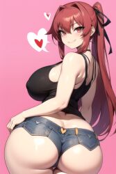 1girls ai_generated ass ass_focus big_breasts booty_shorts bubble_butt curvy daidouji_(artist) daidoujipv dat_ass long_hair looking_at_viewer looking_back ponytail red_eyes red_hair short_shorts solo