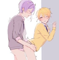 blonde_hair blush from_behind_position kamishiro_rui purple_hair sweat tenma_tsukasa