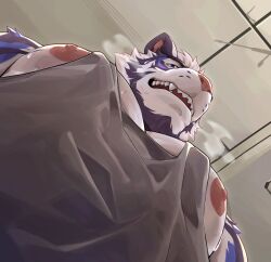 1boy bara barazoku estper feline gay highres huge_pecs looking_down_at_viewer low low-angle_view male muscular pec_pov_meme tank_top tiger unknown_source