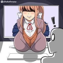 ! 1girls anon bangs big_breasts blazer blue_skirt breasts brown_sweater collared_shirt coming_out_of_screen computer doki_doki_literature_club dress_shirt female fourth_wall hair_ribbon huge_breasts keyboard light_brown_hair lukaforyou monika_(doki_doki_literature_club) monitor neck_ribbon pleated_skirt ponytail provocative red_ribbon school_uniform screen_light seducing shaded_face shirt sidelocks skirt smile tagme through_medium through_screen twitter_link twitter_username white_bow white_ribbon white_shirt wry_smile