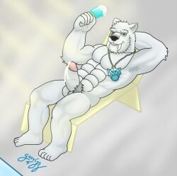 abs armpit_hair biceps boner breasts chair chima cum fangs furry gorrizz legends_of_chima looking_at_viewer lounge_chair lying_on_back male muscles naked pecs penis popsicle pubic_hair snow summer teeth teeth_showing triceps vacation villian white_fur