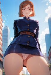 1girls ai_generated angry_expression annoyed_expression artist_request cameltoe cute_girl female female_only from_below glaring_at_viewer hourglass_figure human jujutsu_kaisen kugisaki_nobara looking_down_at_viewer low-angle_view miniskirt orange_eyes panties pantyshot pussy_visible_through_panties school_uniform slim_waist solo tagme thiccwithaq_(ai_style) thick_thighs tight_clothing upskirt v-shaped_eyebrows wide_hips