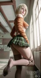 1girls 3d 3d_(artwork) ashley_graham ashley_graham_(ella_freya) barefoot blonde_hair cropped_sweater feet female female_only foot_fetish medium_breasts miniskirt panties resident_evil resident_evil_4 resident_evil_4_remake skinny skirt soles standing standing_on_one_leg sweater toes underboob vaerhonfx