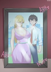 1boy 1girls azienda blonde_hair breasts brown_eyes brown_hair cleavage closed_eyes couple holding_waist husband_and_wife milly_(azienda) moaning moaning_in_pleasure picture picture_frame ring smiling thighs voluptuous voluptuous_female