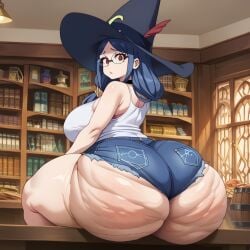 ai_generated big_ass blue_hair cellulite denim_shorts fat_ass huge_ass little_witch_academia long_hair milf pointer_warrior_ai short_shorts thick_ass thick_thighs ursula_callistis witch_hat