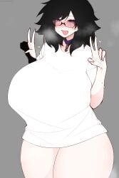 big_breasts blue_eyes breasts dani_(shiirano) dark_hair glove imnotshiira_(artist) light-skinned_female looking_at_viewer original peace_sign shiirano shirt tagme thick_thighs voluptuous