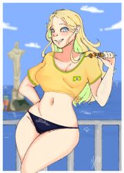 1girls 2024 anna_aveiro_nakumura_dos_santos_moreira_cuccittini artist_signature barbecue belly belly_button black_panties blonde_hair blue_eyes brazil brazilian brazilian_female brazilian_flag cristo_redentor na_nare_hana_nare p.a._works panties rio_de_janeiro thick_thighs thighs vas_art