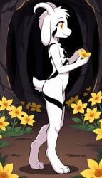 1girls 2024 ai_generated anthro asriel_dreemurr asriel_dreemurr_(god_form) black_markings body_markings cave cub digitigrade featureless_chest featureless_crotch female female_focus female_only flower goat goat_tail happy hi_res holding_flower holding_object horns request rule_63 side_view smile undertale walking white_fur wholesome yellow_flower young younger_female