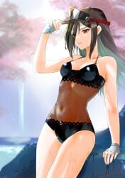 :d black_one-piece_swimsuit brown_eyes casual_one-piece_swimsuit covered_navel criss-cross_back-straps dated female female_only fingerless_gloves fishnet_swimsuit gloves hair_between_eyes hat highres long_hair morag_ladair morag_ladair_(obligatory_leave) morag_ladair_(xenoblade) nayuta-kanata official_alternate_costume one-piece_bikini one-piece_swimsuit open_mouth pointy_chin see-through see-through_headwear see-through_one-piece_swimsuit simple_background small_breasts smile solo solo_female swimsuit visor_cap wet white_gloves xenoblade_(series) xenoblade_chronicles_2