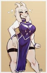 anthro asriel_dreemurr asriel_dreemurr_(god_form) avante92 big_breasts black_eyes black_sclera blush blushing boss_monster bovid breasts caprine clothed clothing crossgender curvaceous female female_asriel fluffy_ears fur gown hand_on_thigh hi_res horn horns jewelry large_breasts large_hips long_ears long_sleeves looking_at_viewer mammal necklace open_mouth robe rule_63 simple_background small_tail smiling solo thick_thighs toriel toriel_(cosplay) undertale video_games voluptuous white_fur white_sleeves