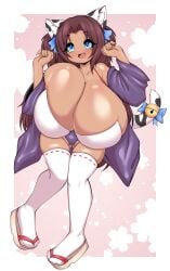 arms_up bare_shoulders bell blue_bow blue_eyes blush bow_legwear breast_focus breast_press brown_hair cat_girl cherry_blossoms cleavage cleavage_overflow commission commissioner_upload cow_print dark_skin fang feet female full_body fully_clothed hair_ornament hairbow halterneck huge_breasts inner_ear_fluff kimono knock-kneed long_hair long_sleeves looking_at_viewer naomi_minette open_mouth original original_character paw_pose purple_kimono raised_tail ribbon_legwear sandals shiny shiny_body shiny_breasts shiny_hair shiny_skin shortstack smile solo standing tail_bell tail_bow tailzkim thick_thighs thigh_squish thighhighs tight two_side_up white_clothes white_legwear zettai_ryouiki zouri