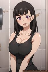 1girls ai_generated aindroidparanoid bathroom big_breasts black_hair breasts curvy_figure enen_no_shouboutai female female_only fire_force huge_breasts human indoors long_hair narrow_waist oze_maki purple_eyes solo squeezing_breast stable_diffusion sweat tank_top tits wet