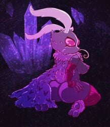 1girls 2019 antennae anthro ass big_ass big_breasts breasts crystals female female_only fluffy from_behind goatmystic hollow_knight lingerie looking_back magenta_eyes moth moth_girl purple_body purple_skin red_socks seer_(hollow_knight) sideboob socks solo