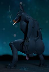 3d_(artwork) 4:3 absurd_res anthro anubian_jackal anubis anus ass backsack balls big_butt black_body black_fur canid canine canis cigarette cigarette_in_mouth cigarette_smoke claws crouching deity digital_media_(artwork) egyptian_mythology flaccid foreskin fur genitals hand_on_butt hi_res humanoid_genitalia humanoid_penis jackal looking_at_viewer looking_back male mammal middle_eastern_mythology mythology nipples nude object_in_mouth open_mouth outdoor_nudity outside paws penis presenting presenting_hindquarters slav_squat smile smoke smoking smoking_cigarette solo spread_butt spreading tail unmakeyourself_(artist)