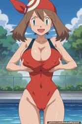 ai_generated aindroidparanoid bandana big_ass big_breasts big_butt blue_eyes breasts brown_hair game_freak grabbing_own_breast hourglass_figure huge_breasts large_ass large_breasts large_butt may_(pokemon) narrow_waist nintendo one_piece_swimsuit outside pokegirl pokemon pokemon_ruby_sapphire_&_emerald pool short_hair stable_diffusion swimsuit wide_hips