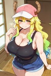 1girls ai_generated blush breasts chubby chubby_female cleavage cleavage_cutout cute_girl demon_girl green_hair hi_res horns huge_breasts indoors kiraaiart kobayashi-san_chi_no_maidragon large_breasts light-skinned_female light_skin lucoa lucoa_(maidragon) miss_kobayashi's_dragon_maid mommy multicolored_hair quetzalcoatl_(dragon_maid) shorts smile sweatdrop sweating thick thick_thighs tight_clothing yellow_eyes yellow_hair