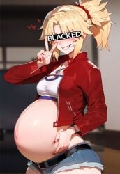 1girls ai_generated alternate_breast_size artstyle_imitation blacked blonde_hair breasts censored_eyes fate/grand_order fate_(series) female floox green_eyes hi_res high_resolution large_breasts light-skinned_female light_skin long_hair mordred_(fate) naughty_face ponytail pregnant stable_diffusion thiccwithaq_(ai_style)