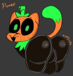 ass balls big_balls big_butt black_body black_eyes domestic_cat felid feline felis feral food for_a_head fruit genitals green_eyes green_tail hi_res huge_balls huge_butt kittycatz male male/male mammal object_head orange_tail plant pumkat pumpkin pumpkin_head solo stem tail