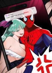 1boy 2girls anger_vein angry big_breasts breast_press breasts crossover darkstalkers demon demon_girl eastern_and_western_character english_text female female_pov green_eyes green_hair head_wings heart hetero holding_phone huge_breasts implied_sex jealous jealous_female large_breasts licking_lips male marvel marvel_comics marvel_vs._capcom morrigan_aensland mugi_(mugit49) multiple_girls nail_polish phone_screen photoshop selfie solo_female spider-man spider-man_(series) succubus text text_message tongue tongue_out