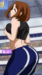 1girls alternate_version_available ass ass_focus boku_no_hero_academia breast_squeeze breast_squish brown_hair clothed crop_top darkuro_27 female looking_back my_hero_academia ochako_uraraka solo sweatpants