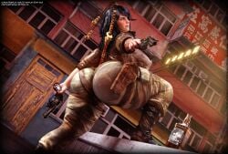 1girls 3d bethesda_softworks big_ass big_breasts black_hair blush bottle green_eyes gun huge_ass pistol rasmus-the-owl revolver rubi_malone tattoo thick_thighs wet_(game) wide_hips