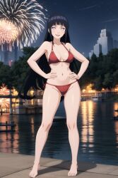 1girls ai_generated barefoot bikini black_hair busty female female_only fireworks hands_on_hips hi_res highres hyuuga_hinata lake long_hair naruto naruto_(series) naruto_shippuden nighttime outdoors pixai smile solo standing white_eyes